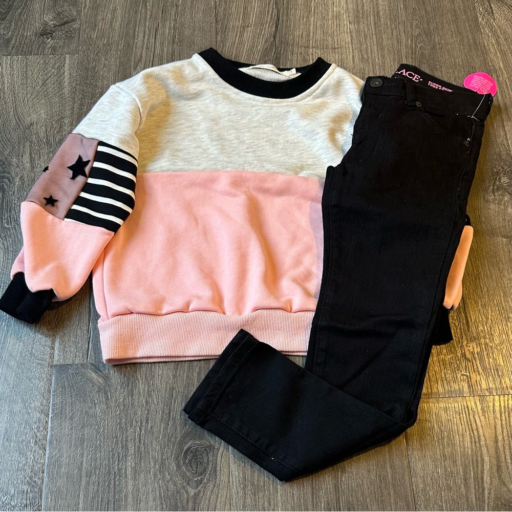 Pink and Gray Star Sleeve Sweatshirt & Skinny Jeans Size 6